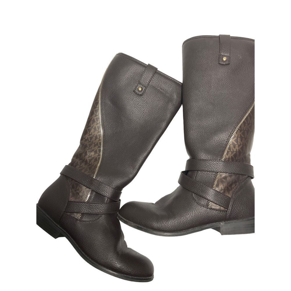 Michael Kors Womens Emma Claire Riding Boots Brown Straps Mid Calf Monogram 5 - Picture 5 of 8